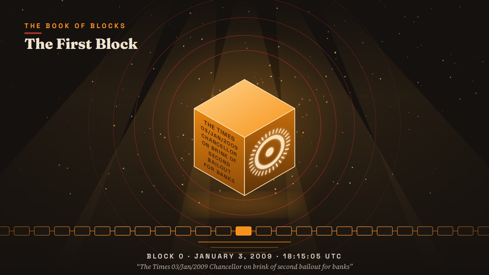 Block 0, January 3, 2009, 18:15:05 UTC: the Times headline on one face, and on the other a seal of 32 ticks for the 32 zero bits its header asked for. Illustration.