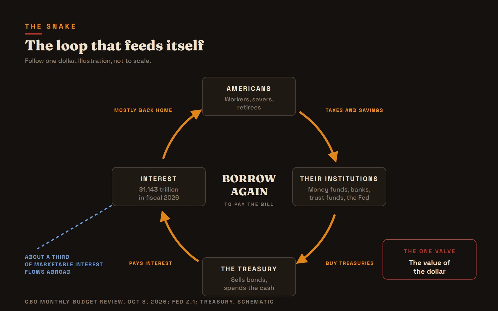 The loop: taxes and savings flow in, Treasuries flow out, interest flows back to the same Americans, and the Treasury borrows again to pay it. Illustration.