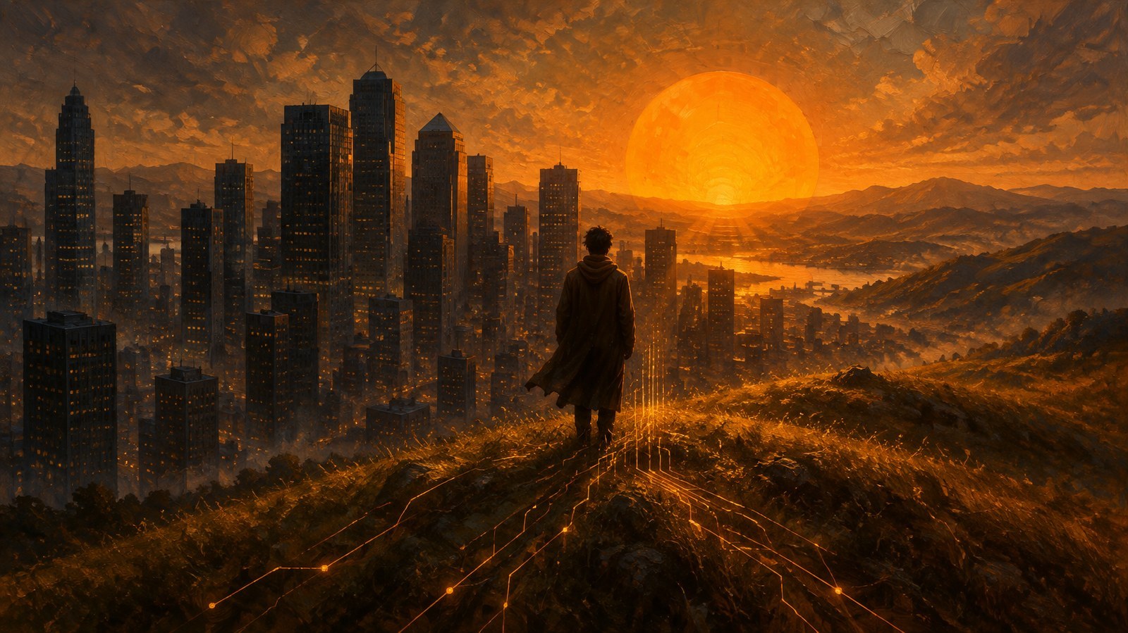 The towers dim one window at a time, and the light comes up somewhere else. AI-generated illustration.