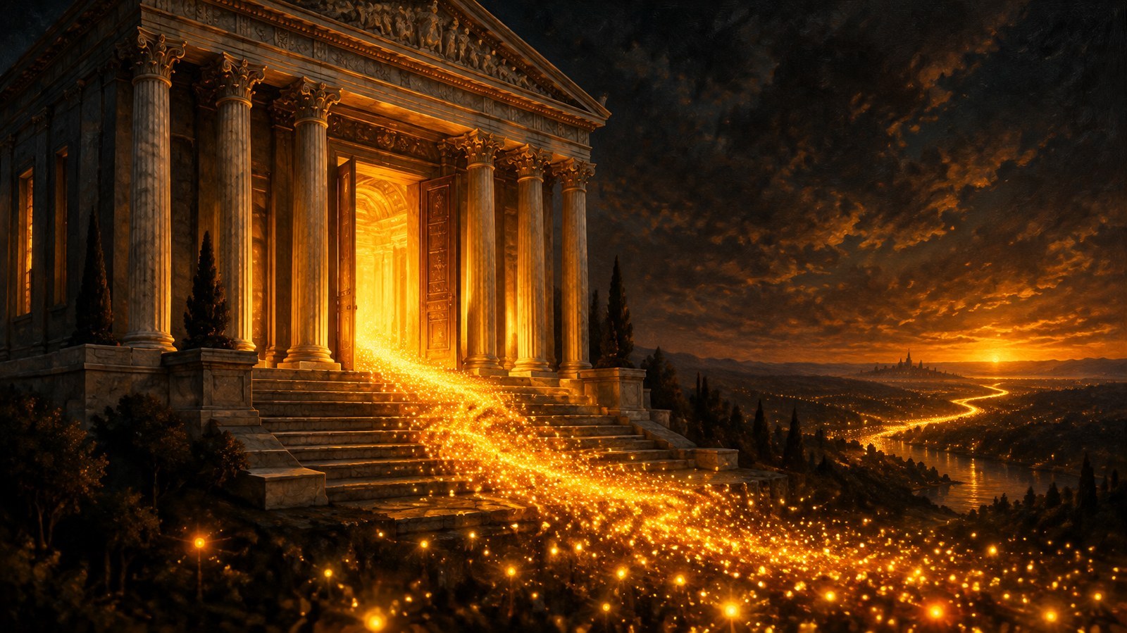 A bank at night, and its deposits leaving quietly down the steps, carried by a swarm of small lights. AI-generated illustration.