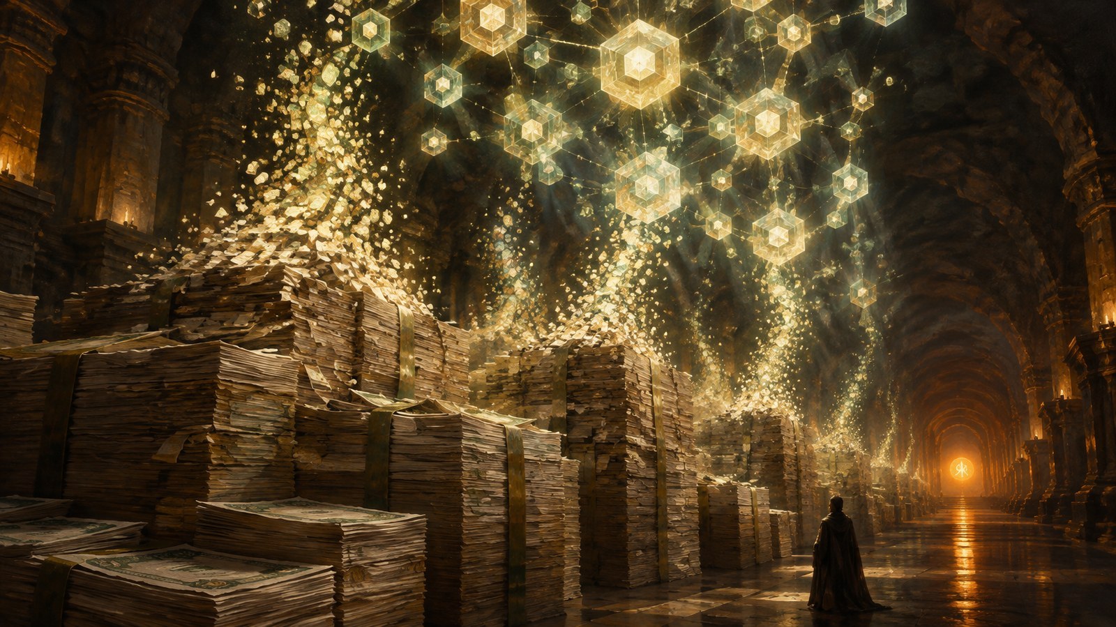 Paper Treasury bills rising out of the vault and reassembling as tokens: a stablecoin is a new wrapper around old government debt. AI-generated illustration.