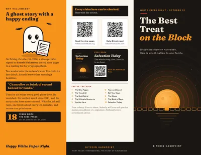 The outside of the pamphlet: a smiling ghost holding the nine pages of the Bitcoin white paper, QR codes for the white paper and the free book, and the cover, The Best Treat on the Block, over a rising orange moon